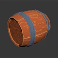 Decorative Wooden Barrel With Orange Body Blue Metal Hoops And Wood Grain Texture