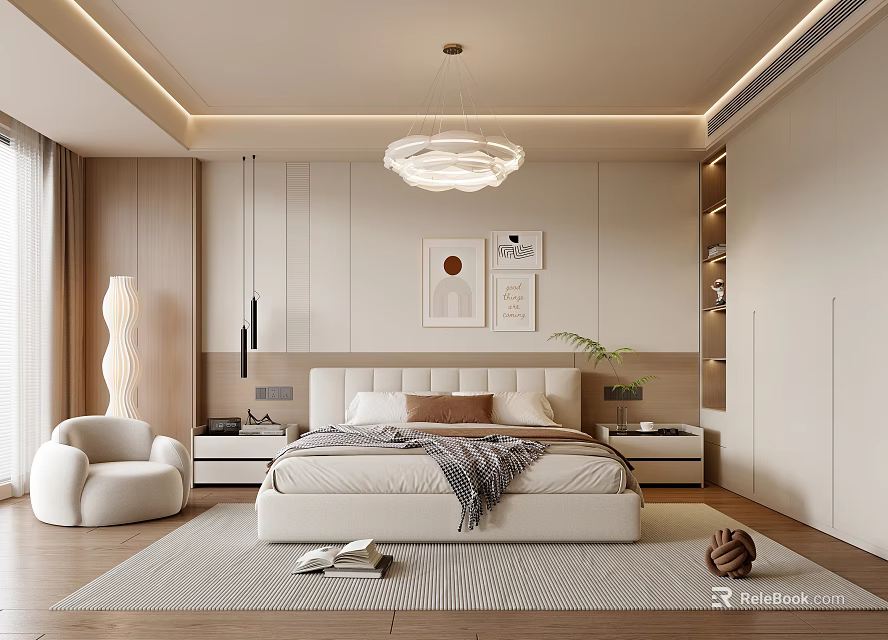 Modern Minimalist Bedroom Interior Design With Platform Bed Wall Art And Pendant Light Accent Chair 3d model 