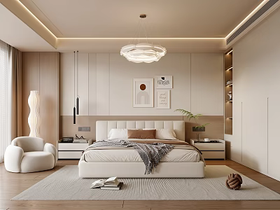 Modern Minimalist Bedroom Interior Design With Platform Bed Wall Art And Pendant Light Accent Chair 3d model