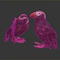 Two Puffins With Brown Black Feathers And Colorful Beaks On Dark Reflective Surface