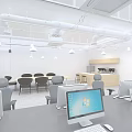 Modern Office Interior With KTEC Logo White Partitions Desks Computers Ceiling Lights And Windows 3d model