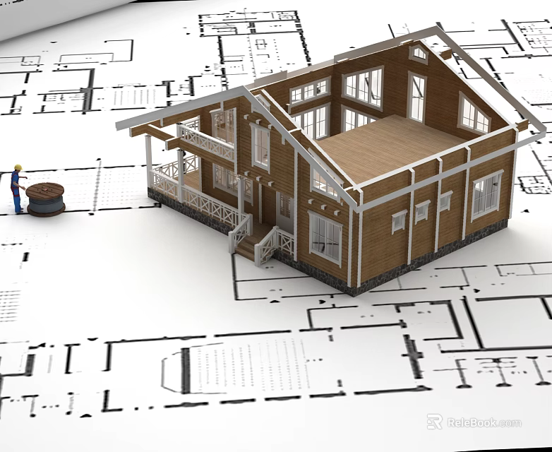 Wooden House Model On Architectural Blueprints With Porch Windows And Miniature Figure 3d model 