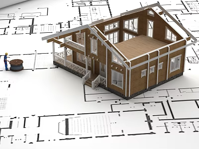 Wooden House Model On Architectural Blueprints With Porch Windows And Miniature Figure 3d model