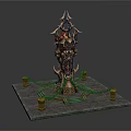 Ornate Tower Like Structure With Flame Decorations And Chain Linked Pillars On Stone Platform 3d model