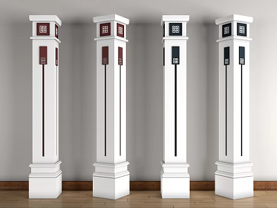 Four White Decorative Columns With Ornamental Tops And Red Blue Accents 3d model