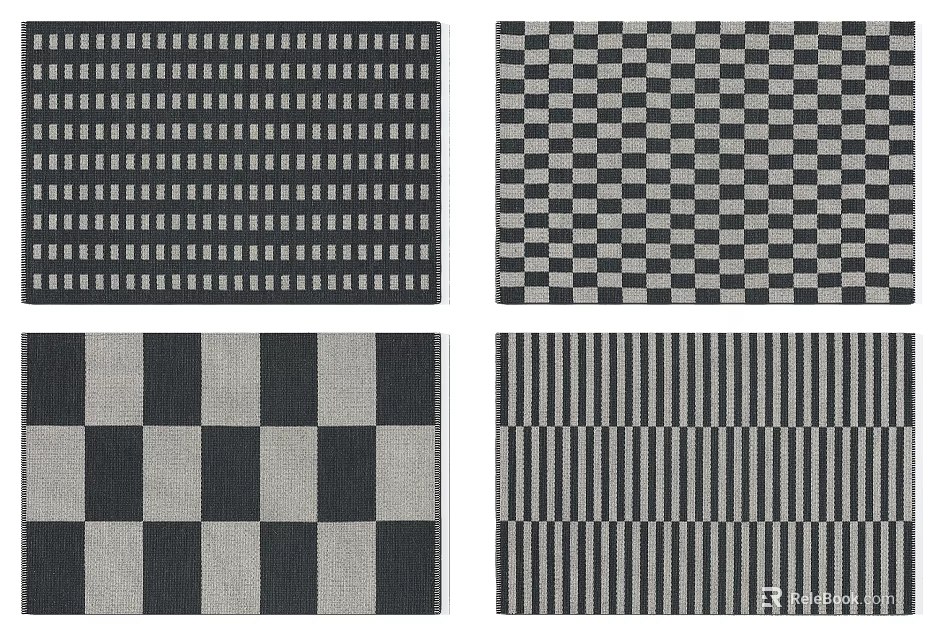 Stylish Square Rugs With Striped And Checkerboard Patterns In Black White Gray 3d model 