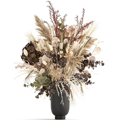 Natural Dried Flower Arrangement in Black Vase with Eucalyptus and Pampas Grass 3d model
