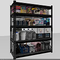 Multi tiered Metal Storage Rack With Food Cans Cleaning Supplies Buckets And Storage Bins