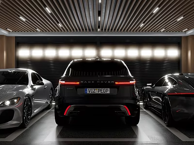 Modern Parking Garage With Luxury SUV And Sports Cars Wooden Slat Ceiling And LED Lighting 3d model