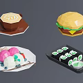 Fish Surrounded By Various Foods Such As Banana Apple Burger Sushi And Drinks