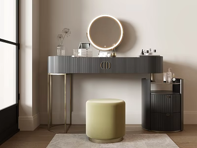 Modern Dressing Table With Round Illuminated Mirror Golden Metal Legs And Light Green Velvet Stool 3d model