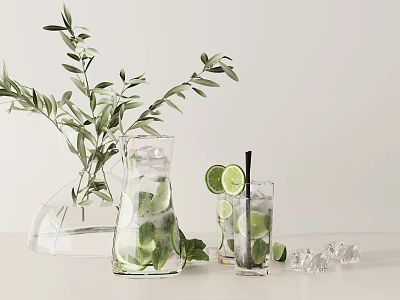 Refreshing Lime Mint Drink Served In Glass Pitcher With Ice Cubes And Glass Tumbler 3d model