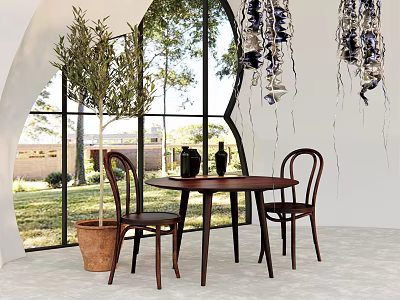Elegant Dining Table Set With Wooden Chairs Large Window And Olive Tree Decor 3d model