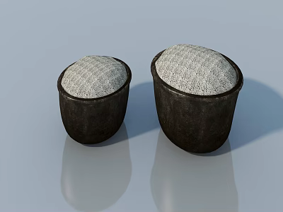 Two Round Stools With Dark Wooden Base And Light Textured Cushioned Seats On Light Background 3d model