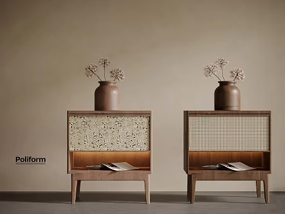 Wooden Bedside Tables With Vases Dried Flowers Unique Panels And Books 3d model