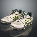 White Athletic Shoes With Green Stripes Gray Laces And Durable Rubber Sole