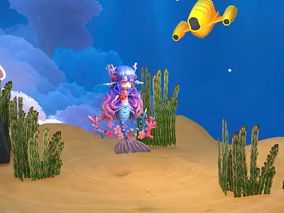 Underwater Natural Scene With Purple Haired Mermaid Coral And Green Seaweed On Sandy Seabed 3d model