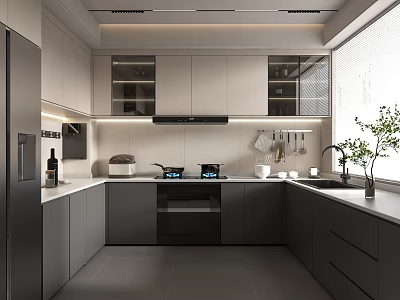 Modern Kitchen Interior With Gray And White Cabinets Appliances Sink And Decorative Plant 3d model