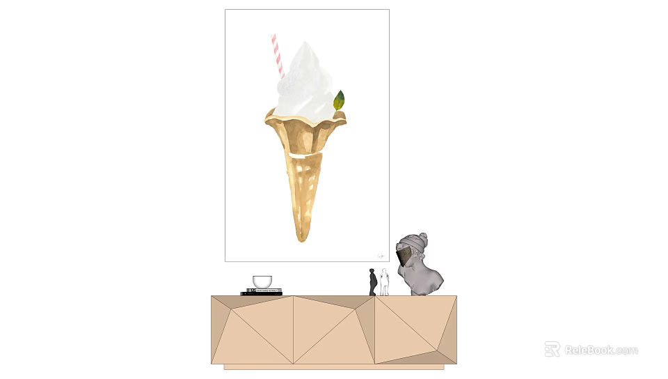 Ice Cream Cone Wall Art With Geometric Table And Puppy Figurine Decor 3d model 