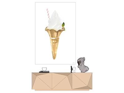 Ice Cream Cone Wall Art With Geometric Table And Puppy Figurine Decor 3d model