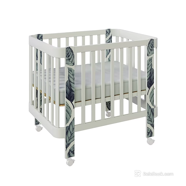 White Baby Crib with Leaf Pattern Design Wheels and Light Gray Mattress 3d model 