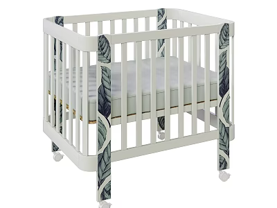 White Baby Crib with Leaf Pattern Design Wheels and Light Gray Mattress 3d model