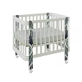 White Baby Crib with Leaf Pattern Design Wheels and Light Gray Mattress