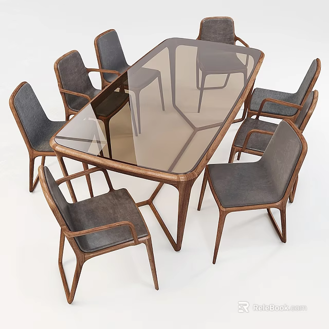 Modern Dining Table And Chairs Set With Glass Top Wooden Frame And Upholstered Seats 3d model 