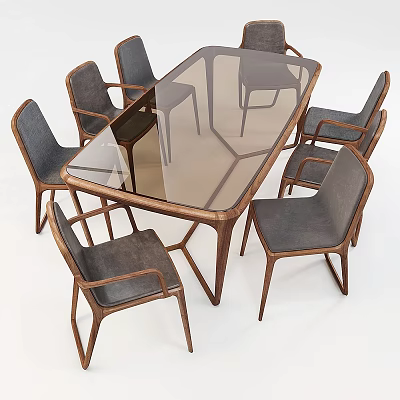 Modern Dining Table And Chairs Set With Glass Top Wooden Frame And Upholstered Seats 3d model