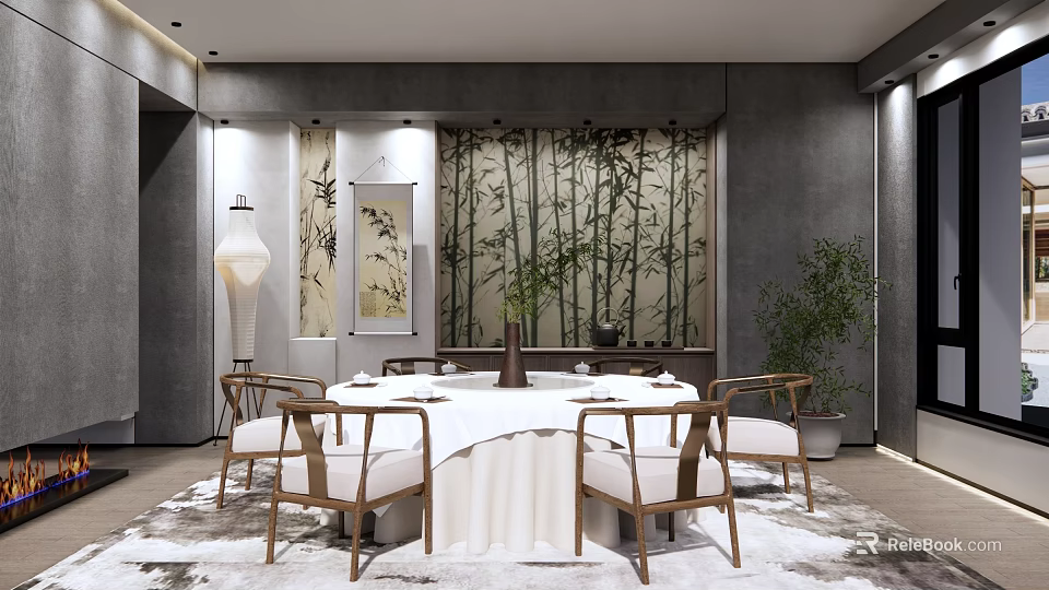 Chinese Style Private Dining Room With Round Table White Tablecloth Bamboo Backdrop And Green Plants 3d model 