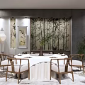 Chinese Style Private Dining Room With Round Table White Tablecloth Bamboo Backdrop And Green Plants