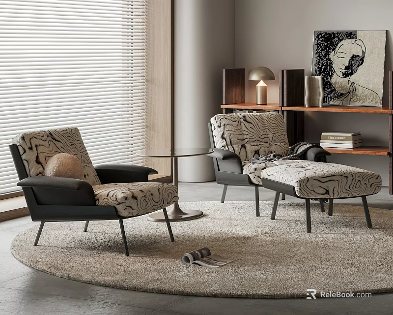 Stylish Zebra Pattern Leisure Chairs With Black Frame Ottoman Round Rug And Window Blinds 3d model 