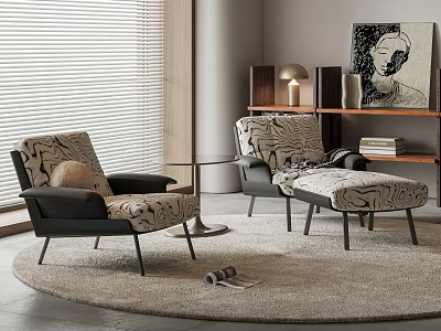 Stylish Zebra Pattern Leisure Chairs With Black Frame Ottoman Round Rug And Window Blinds 3d model