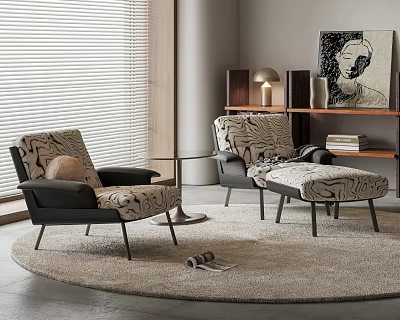 Stylish Zebra Pattern Leisure Chairs With Black Frame Ottoman Round Rug And Window Blinds 3d model