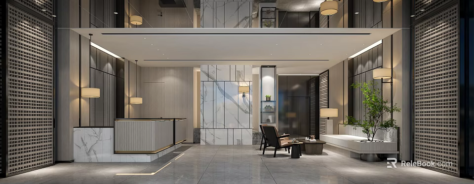 Modern Elegant Hotel Lobby Interior With Marble Wall Reception Desk And Seating 3d model