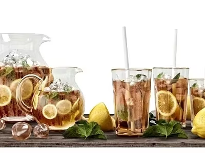 Refreshing Summer Drink in Glass Pitcher and Glasses with Lemon Mint Ice on Wooden Table 3d model
