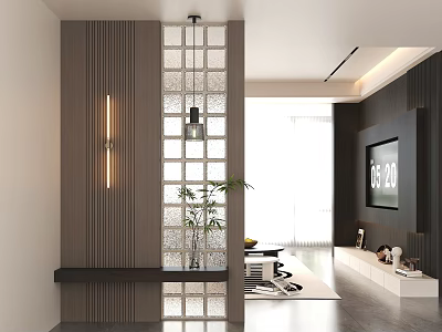 Modern Entryway Hallway Design With Wooden Glass Partition Bench And Hanging Light Fixture 3d model