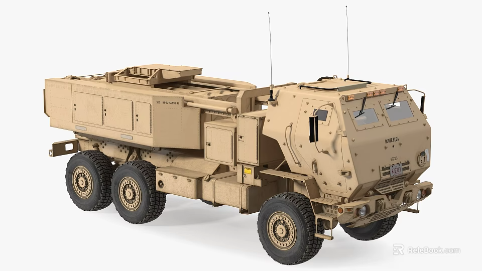 Tan Military Utility Vehicle with 6x6 Wheels Armored Body and Antennas 3d model 