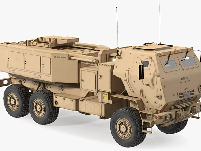 Tan Military Utility Vehicle with 6x6 Wheels Armored Body and Antennas 3d model