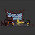 Cartoon Scene Featuring Red House Blue Tiled Roof Jagged Decorations Snowy Ground Yellow Play Furniture
