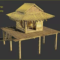 Cartoon Scene Of Traditional Japanese Wooden Hut With Tiled Roof Platform And Stairs