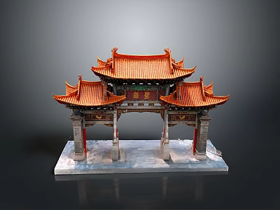 Traditional Chinese Archway Model With Orange Multi Layered Roofs And Stone Base 3d model