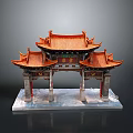 Traditional Chinese Archway Model With Orange Multi Layered Roofs And Stone Base