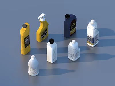 Assorted Household Cleaning Supplies With Colored Bottles And Pump Dispensers 3d model