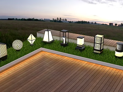 Outdoor Lights With Various Designs For Garden Grass And Wooden Deck 3d model