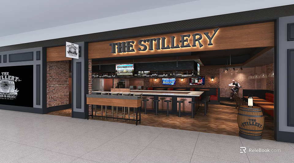 THE STILLERY Restaurant Interior With Open Bar Brick Wall High Stools And Wine Barrel 3d model 