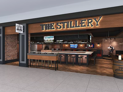 THE STILLERY Restaurant Interior With Open Bar Brick Wall High Stools And Wine Barrel 3d model