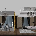 Luxurious European Style Hotel Room With Chandeliers Sofa King Bed Rug Wooden Floors Wallpaper Curtains
