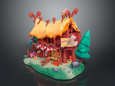 Whimsical Wooden Cottage With Straw Roof Red Walls Garland Decorations Green Trees Stones And Grass 3d model
