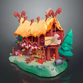 Whimsical Wooden Cottage With Straw Roof Red Walls Garland Decorations Green Trees Stones And Grass